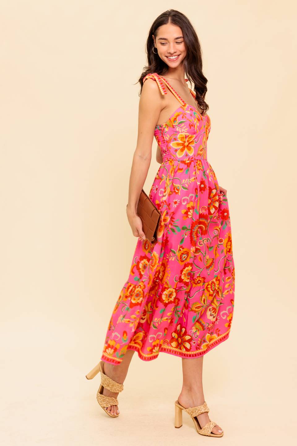 GARDEN GATHERING PINK WOVEN MIDI DRESS Flying Tomato